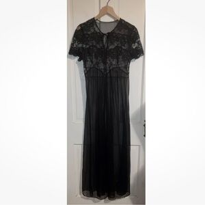 Vintage 60s 70s SHEER Lace Black button Slip Maxi Dress Robe Gown exquisite S M